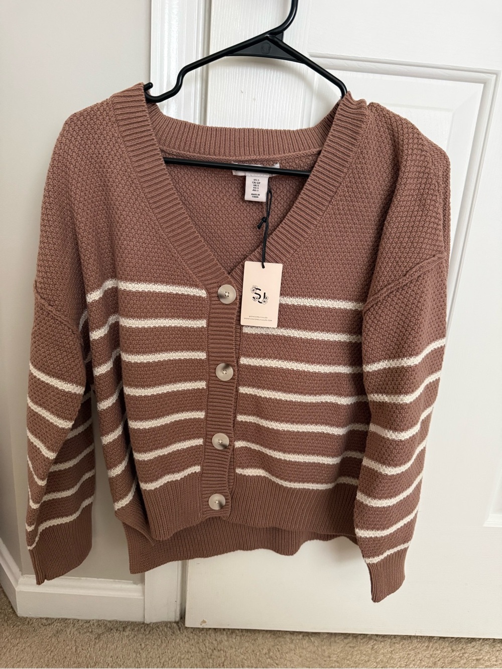 Striped V-Neck Button Front Sweater Cardigan - Mauve with Cream Stripes